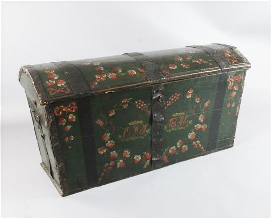 A mid 19th century Scandinavian painted pine domed trunk, W.4ft 7in